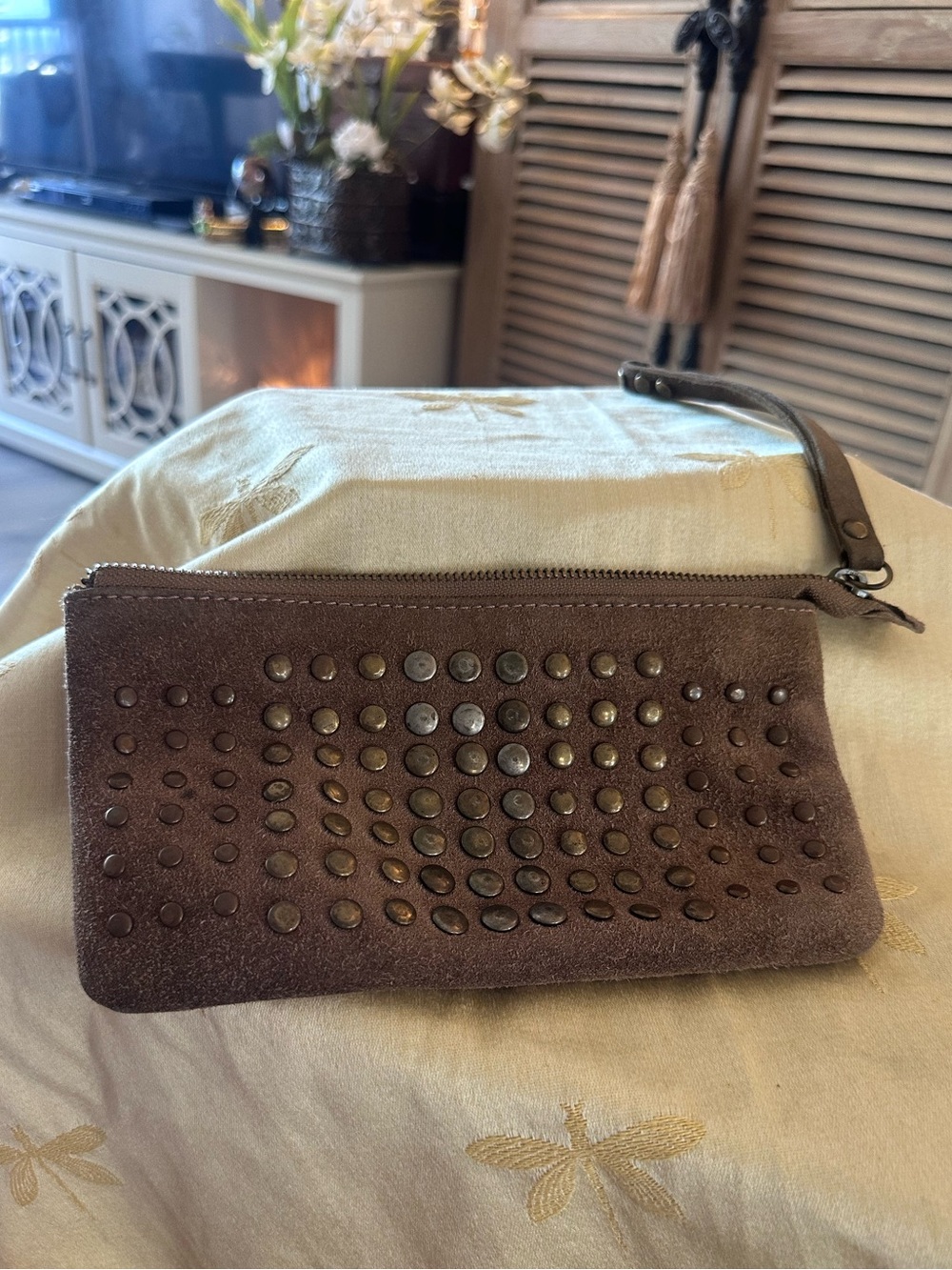 Prune, Handmade in Argentina Brown & Tan Suede & Stud Wristlet Wallet / Bag.